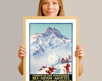 Vintage Swiss Electric Railway Travel Poster: Bex-Gryon-Villars Print