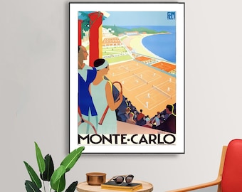 Monte Carlo, Monaco  Vintage Travel Poster - French Riviera Poster, Tennis Sport Art, Retro Print
