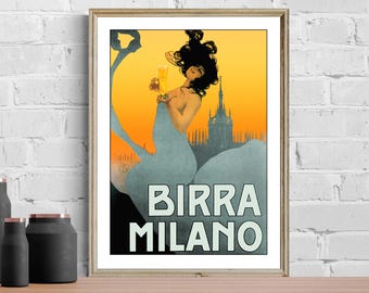 May include: Vintage framed poster advertising Birra Milano. The artwork features a woman holding a glass of beer against a sunset backdrop with the text "Birra Milano" in large letters. The poster is in a gold frame.
