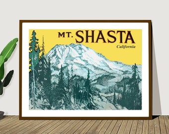 Mount Shasta, California  Vintage Travel Poster - Poster Print or Canvas Print / Gift Idea