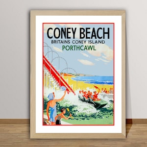 Póster de viaje vintage de Porthcawl, Coney Beach, Coney Island (Gran Bretaña): Impresión en papel o lienzo, idea de regalo, decoración de pared