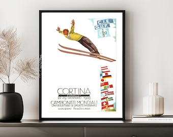 Cortina, Campionati Mondiali, Universitaii di Sports Intervali Italy  Vintage Ski Poster - Poster Paper or Canvas Print / Gift Idea