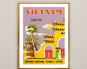 Póster vintage de viaje de Vietnam y Saigón: arte mural retro