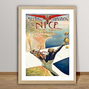 Nizza, incontro con l'aviazione in Francia, poster di viaggio vintage - Stampa su carta o tela / Idea regalo / Decorazione murale