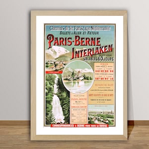 Paris Bern Interlaken, Suisse  Vintage Travel Poster - Retro Transport Poster / Gift Idea / Wall Decor