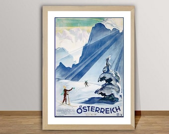 May include: Vintage travel poster featuring a snowy mountain scene with skiers in the foreground. The poster is blue, white, and green with the text "OSTERREICH" in bold, blue letters.