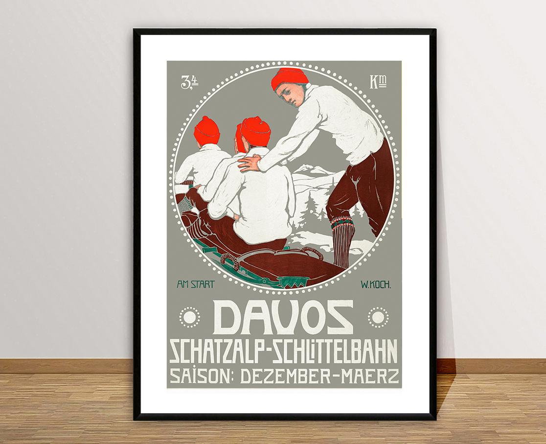 Davos Schatzalp-Schlittelbahn Suisse Vintage Ski Poster - Wintersports Davos Poster / Gift Idea / Wall Decor