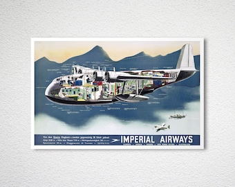 Imperial Airways Flugboot, Flying-Boat Vintage Travel Poster, 1937 -  Poster Paper or Canvas Print / Gift Idea / Wall Decor