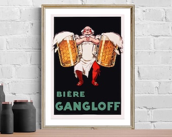 Puede incluir: Un póster vintage enmarcado que muestra una figura musculosa sosteniendo dos grandes jarras de cerveza. La cerveza es dorada con espuma blanca. El póster tiene las palabras "BIERE GANGLOFF" en verde sobre un fondo negro.