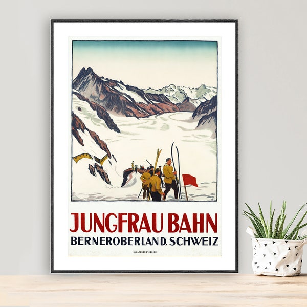 Jungfrau Bahn, Berner Oberland Schweiz Vintage Ski Poster - Poster Papier of Canvas Print / Cadeau Idee / Wall Decor