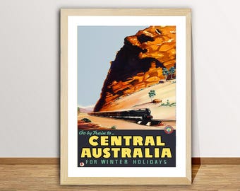 Manifesto di viaggio d'epoca dell'Australia centrale: viaggio in treno invernale