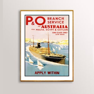 P&Q Branch Service to Australia Poster di viaggio vintage - Carta per poster o stampa su tela / Idea regalo