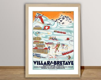 Villars Bretaye, Suisse Vintage Ski Poster - Ski Lovers, Travel Suisse, Wall Decor