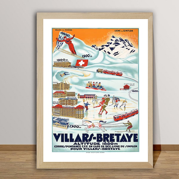 Villars Bretaye, Suisse Vintage Ski Poster - Ski Lovers, Travel Suisse, Wall Decor