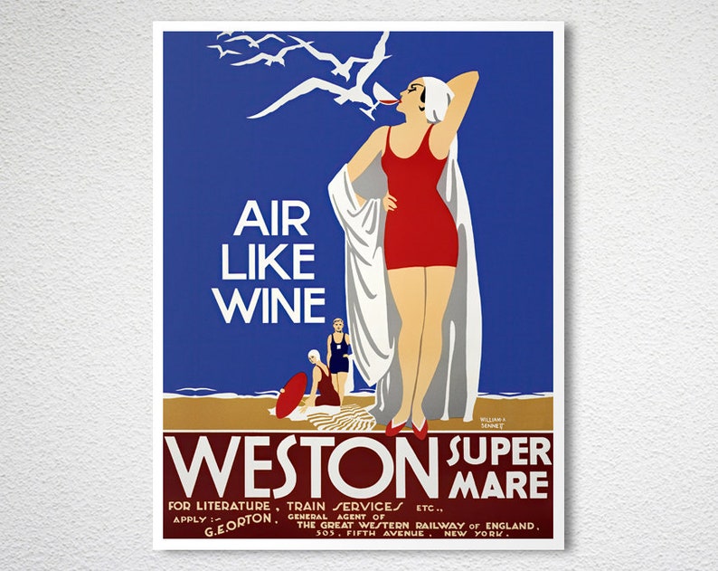 Air Like Wine Weston Super Mare Vintage Travel Poster Poster Paper or Canvas Print / Gift Idea / Wall Decor image 2