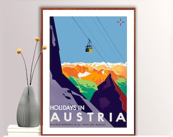 May include: A vintage travel poster advertising holidays in Austria. The poster features a colorful illustration of a mountain range with a cable car ascending to the top. The text "HOLIDAYS IN AUSTRIA" is printed in bold white letters at the bottom of the poster.