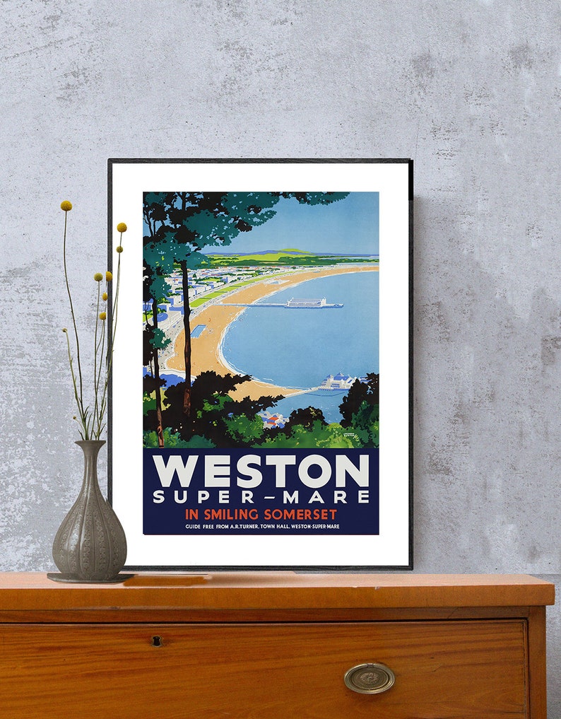 Weston Super Mare in Smiling Somerset, England Vintage Travel Poster Poster Paper or Canvas Print / Gift Idea / Wall Decor image 2
