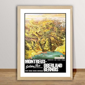 Póster de viaje vintage de Montreux Oberland Bernois, Golden Pass Railway, Suiza: impresión de vacaciones, idea de regalo, decoración de pared