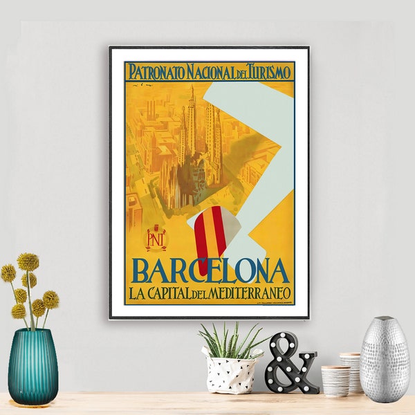 Barcelona, Le Capital de Mediterraneo  Vintage Travel Poster - Poster Paper or Canvas Print / Gift Idea / Wall Decor