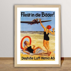 Fliegt in die Bader Deutsche Luft Hansa Vintage Aviation Poster - Retro Aviation Poster / Gift Idea / Wall Decor