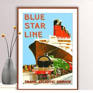 Blue Star Line Trans-Atlantic Service  Vintage Travel Poster - Poster Paper or Canvas Print / Gift Idea / Wall Decor