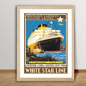 Póster de viaje vintage de White Star Line, el barco a motor más grande de Gran Bretaña: póster de viaje en crucero, idea de regalo, decoración de pared
