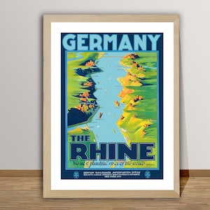 Alemania el Rin, el río más hermoso del mundo Vintage Travel Poster - Viajes en Alemania, ruta del río Rin, impresión de calidad del museo