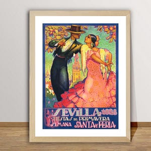Sevilla Fiestas de Primavera, Semana Santa y Feria  1928, Spain Vintage Travel Poster - Travel Spain Artwork,  Enjoy Flamenco in Seville