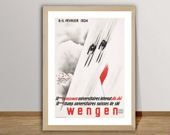 Wengen Switzerland Vintage Ski Poster - Winter Sports Print / Gift Idea / Wall Decor