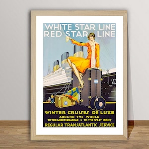 White Star Line  Red Star Line, Winter Cruises de Luxe, Around the World  Vintage Travel Poster - Poster Paper or Canvas Print / Gift Idea