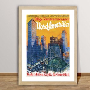 Norddeutscher Lloyd Bremen Billige Touristenreisen nach Nord Amerika Vintage Travel Poster - Arte retro / Idea de regalo / Decoración de pared