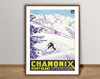 Chamonix Mont-Blanc Vintage Ski Poster: France Travel Decor