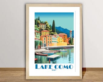 May include: A vintage travel poster featuring a colourful illustration of a lakeside town with buildings, trees, and boats. The text "LAKE COMO ITALY" is at the bottom of the poster.