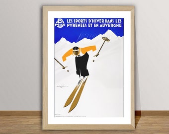 Vintage France Ski Poster: Pyrenees & Auvergne Travel Art