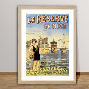 Póster de viaje vintage de La Reserve de Nice, Grand Restaurant sur La Mer, Francia, Impresión de arroz retro, Idea de regalo, Decoración de pared