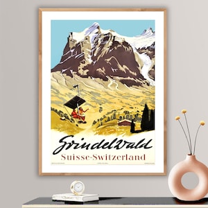 Grindelwald, Suisse Vintage Travel Poster - Papel de póster o impresión de lienzo / Idea de regalo / Decoración de pared