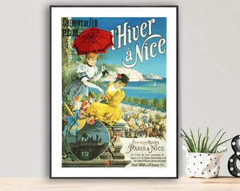 L'Hiver a Nice, France Vintage Travel Poster - Poster Paper or Canvas Print / Gift Idea / Wall Decor