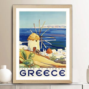 Poster di viaggio vintage dell'isola greca di Mykonos - Carta per poster, stampa su tela / Idea regalo / Decorazione murale