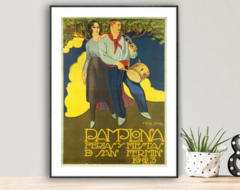 Pamplona Ferias y Fiestas San Fermin Vintage Travel Poster - Poster Paper o Canvas Print / Gift Idea / Wall Decor