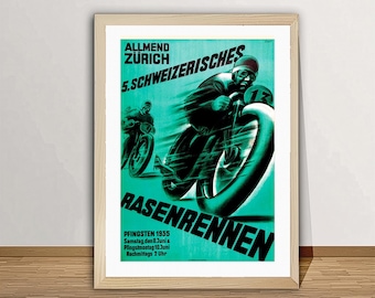 Almend Zürich, 5. Schweizerisches, Rasenrennen, Pfingsten, 1935 Vintage Motorcycles Grand Prix Poster