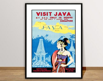 Poster di viaggio vintage di Giava, Indonesia: stampa artistica dell'isola di Giava