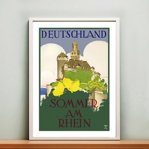 May include: A vintage travel poster advertising summer vacations in Germany, featuring a picturesque castle with green trees and yellow flowers, and the text "DEUTSCHLAND SOMMER AM RHEIN".
