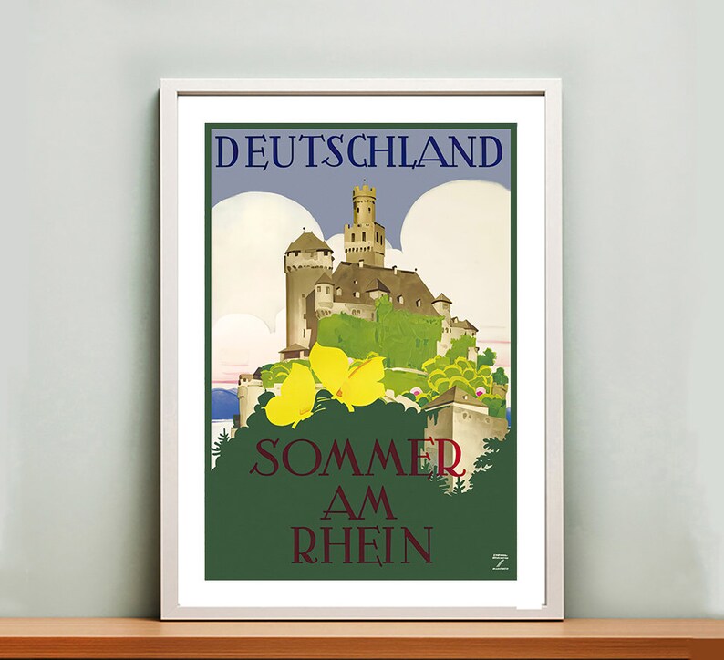 May include: A vintage travel poster advertising summer vacations in Germany, featuring a picturesque castle with green trees and yellow flowers, and the text "DEUTSCHLAND SOMMER AM RHEIN".