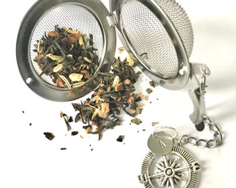 Compass Tea Ball Infuser with Personalized Initial Charm