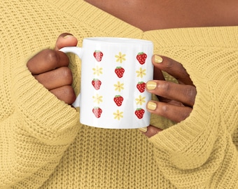 Strawberry and Daisy Pattern Ceramic Mug, Whimsical Drinkware
