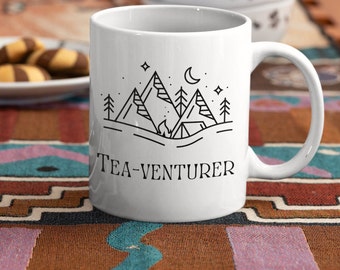 Tea-venturer Ceramic Mug, Mountain Camping Design