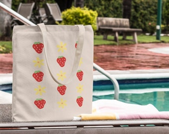 Strawberry Daisy Cotton Canvas Tote Bag, Strawberry Pool Bag, Strawberry Beach Bag