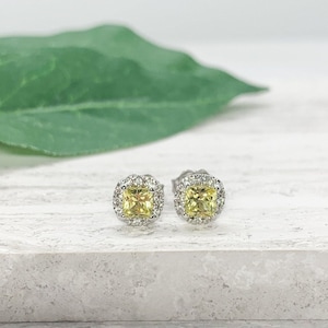 Yellow Sapphire Diamond Earrings in 14k White Gold, Diamond Halo