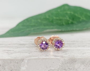 14k Rose Gold Amethyst Stud Earrings, February Birthstone, Diamond Halo