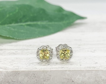 Yellow Sapphire Diamond Earrings in 14k White Gold, Diamond Halo